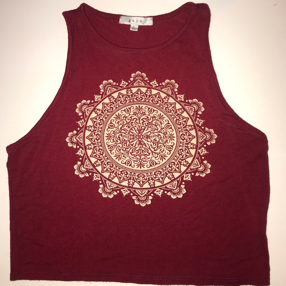 Maroon crop top, racerback, yoga, mandala sz Large